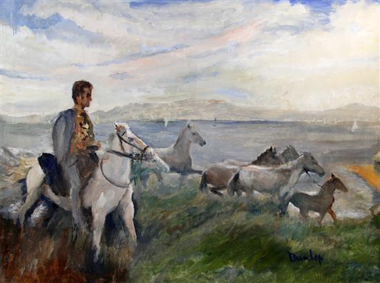 § Ronald Ossory Dunlop (1874-1973) Horse rider and ponies on the shore, 30 x 40in., unframed